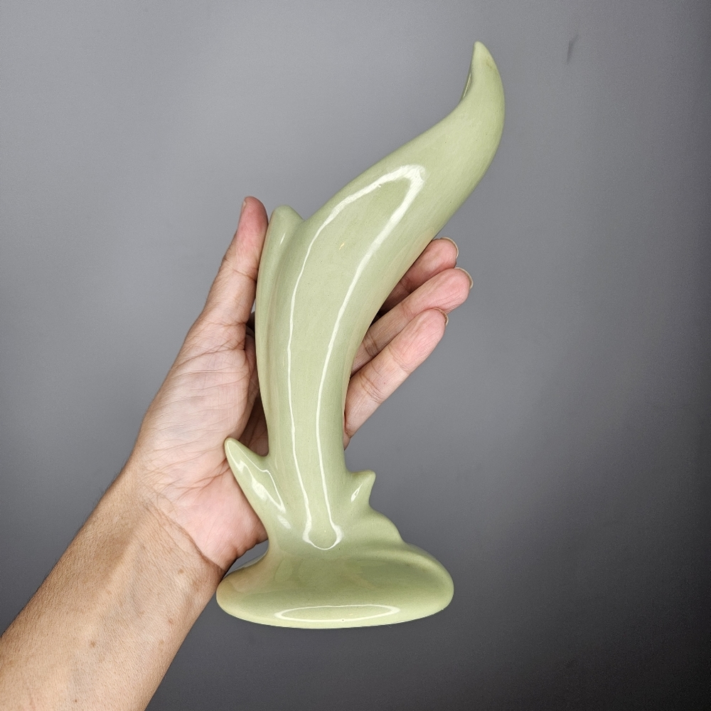 Vintage Studio Signed Pottery Green Bud Vase Birds of Paradise 8"